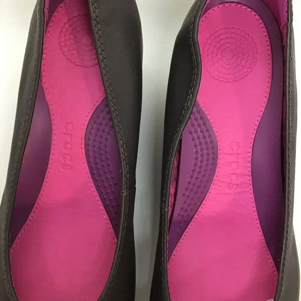 Crocs Wedge Heels Women 8.5 A-Leigh Brown Leather Closed Toe SlipOn Shoes